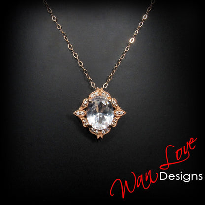 Luxury Blue Sapphire Charm, Oval Cut Blue Sapphire Milgrain Diamond Halo Necklace, Birthstone Pendant, Diamond Wedding Charm Gift For Her Wan Love Designs