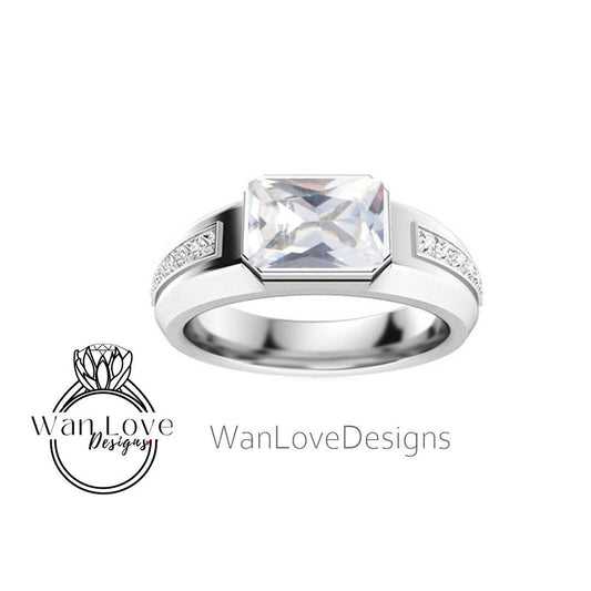 Mans Moissanite Ring | Emerald Moissanite Mens Wedding band | White Sapphire Ring 14k Gold | East West Solitaire Ring | Mens Wedding Ring Wan Love Designs