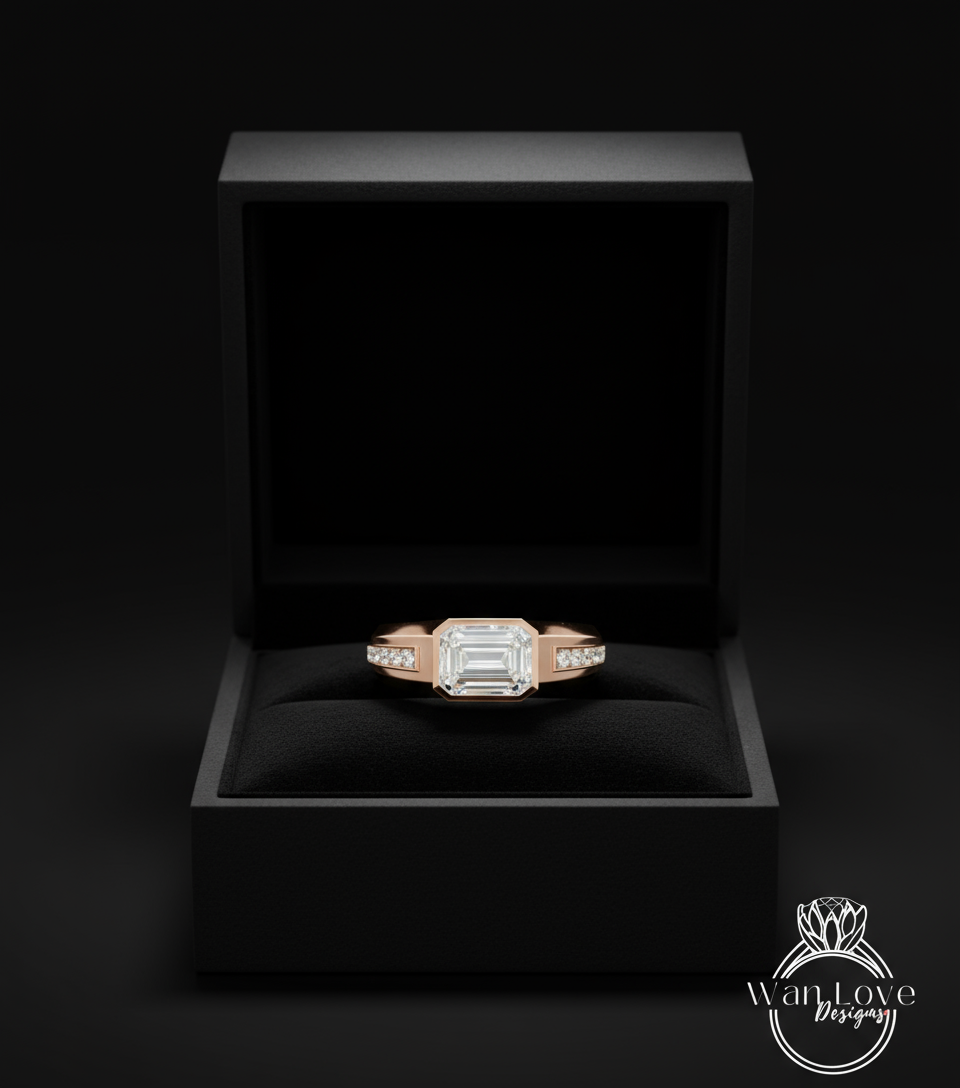 Mans Moissanite Ring | Emerald Moissanite Mens Wedding band | White Sapphire Ring 14k Gold | East West Solitaire Ring | Mens Wedding Ring