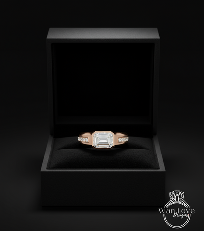 Mans Moissanite Ring | Emerald Moissanite Mens Wedding band | White Sapphire Ring 14k Gold | East West Solitaire Ring | Mens Wedding Ring