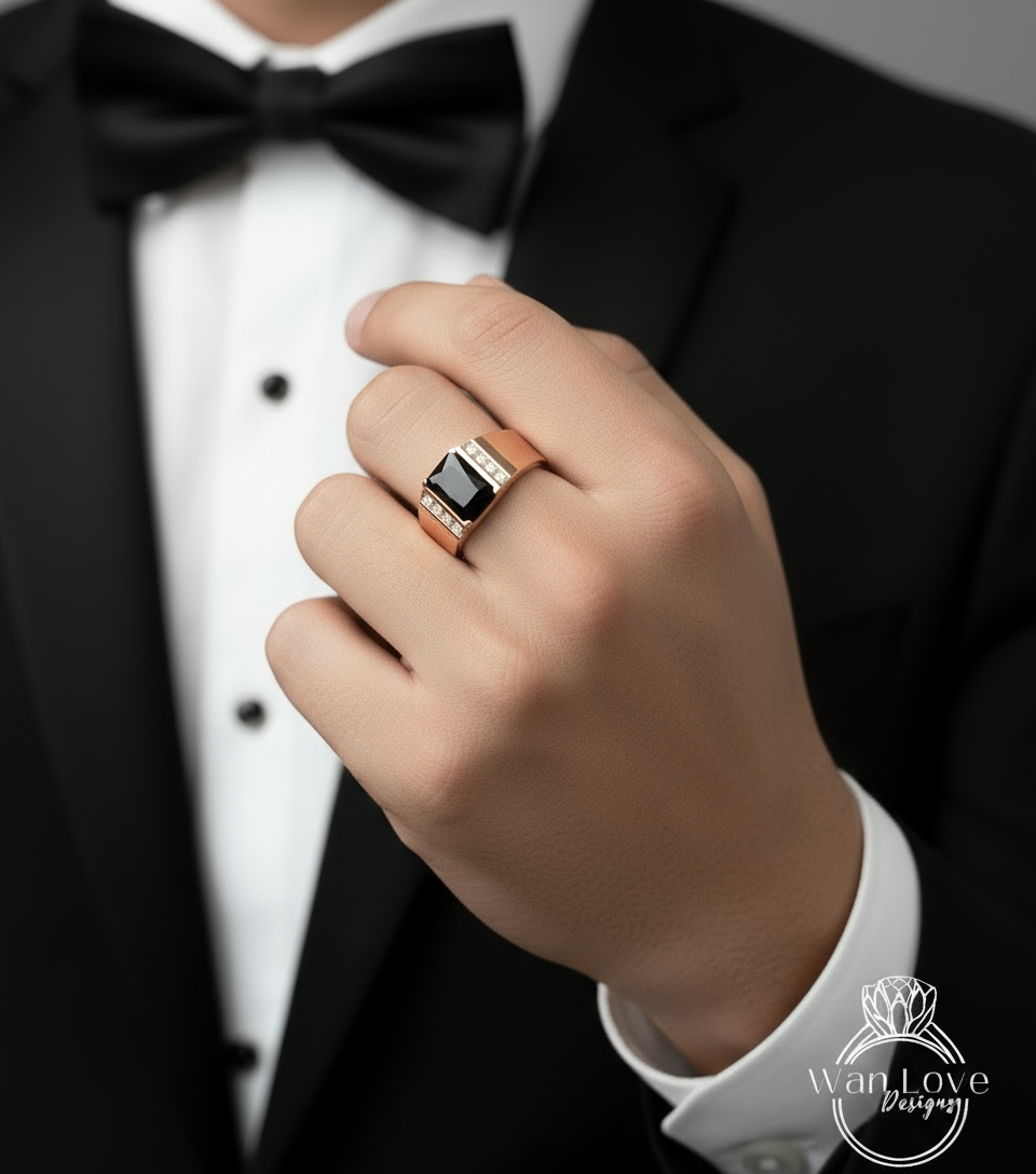 Custom Listing for Kade Men's Black Spinel Wedding Band Ring 2ct Emerald cut Gold Men Band Wedding Ring His Birthstone Wedding Band