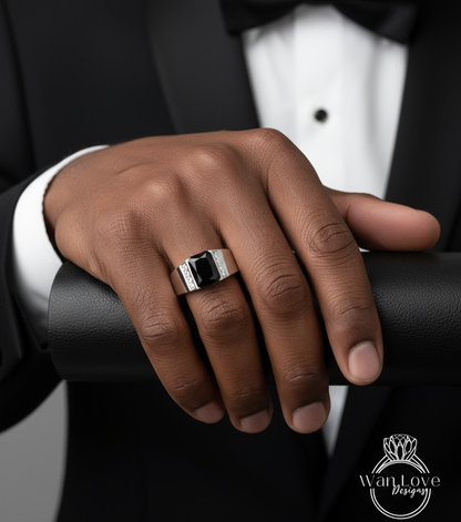 Custom Listing for Kade Men's Black Spinel Wedding Band Ring 2ct Emerald cut Gold Men Band Wedding Ring His Birthstone Wedding Band