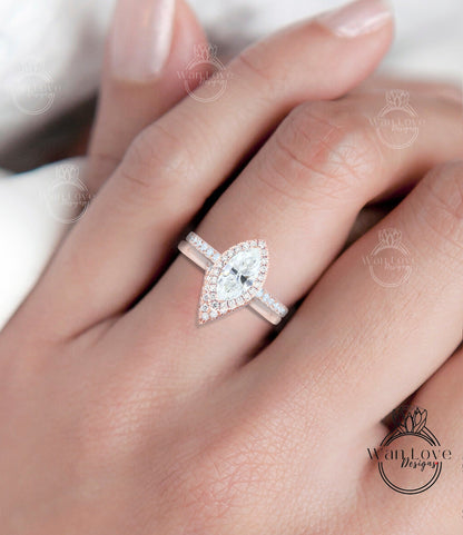 Marquise cut diamond engagement ring set rose gold Certified diamond halo ring bridal set half eternity deep V wedding band anniversary ring Wan Love Designs