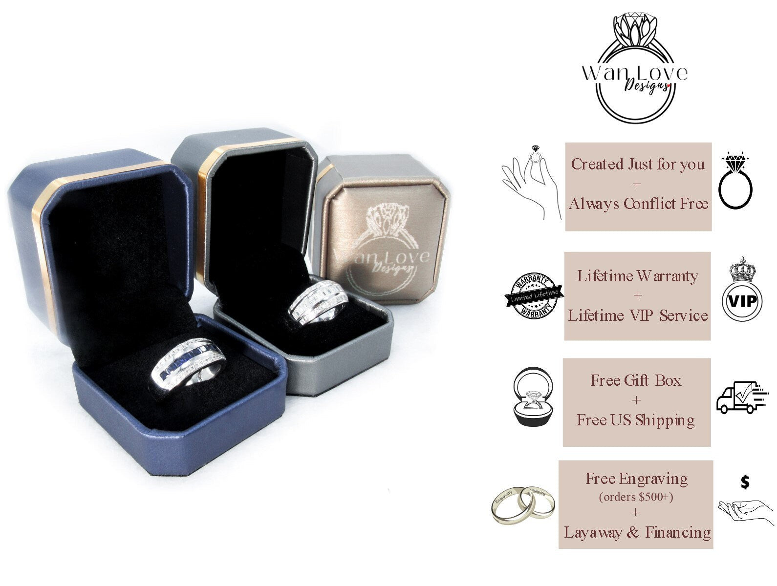 Men's 3 Gem Stone Moissanite Sapphire Wedding Band, 2 tone Gold Grooved Tungsten Wedding Ring, Mens Engagement Ring Wedding, Man Anniversary Wan Love Designs
