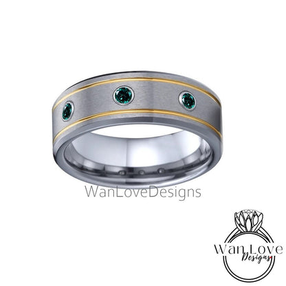 Men's 3 Gem Stone Moissanite Sapphire Wedding Band, 2 tone Gold Grooved Tungsten Wedding Ring, Mens Engagement Ring Wedding, Man Anniversary Wan Love Designs