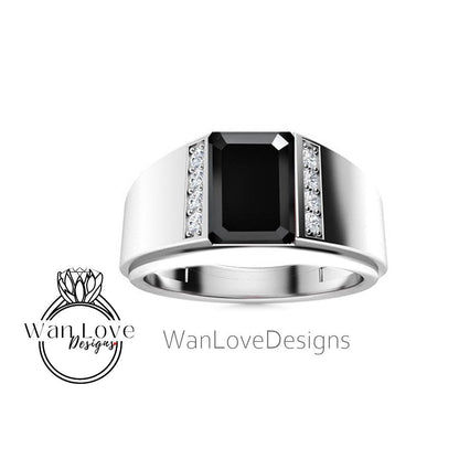 Men's Black Spinel Wedding Band | 2ct Emerald White Gold Men Band | Emerald Cut Black Diamond Wedding Ring | His Birthstone Wedding Band Wan Love Designs