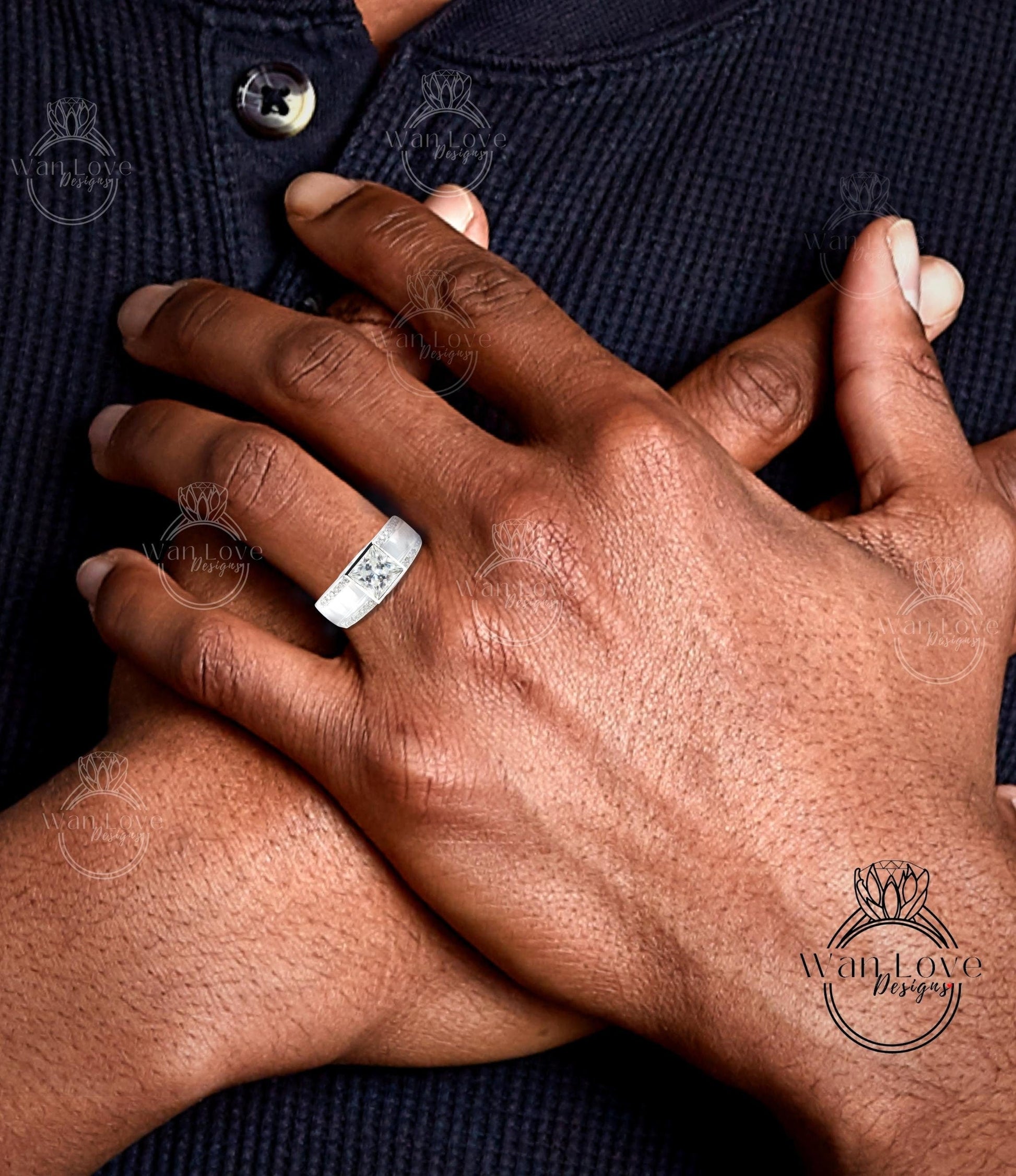Men's Black Spinel Wedding Band | Square White Gold Men Band | Princess Cut Black Diamond Wedding Ring | Unique Men's Wedding Band Wan Love Designs