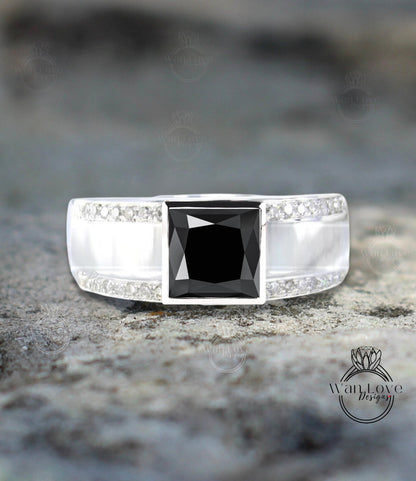 Men's Black Spinel Wedding Band | Square White Gold Men Band | Princess Cut Black Diamond Wedding Ring | Unique Men's Wedding Band Wan Love Designs