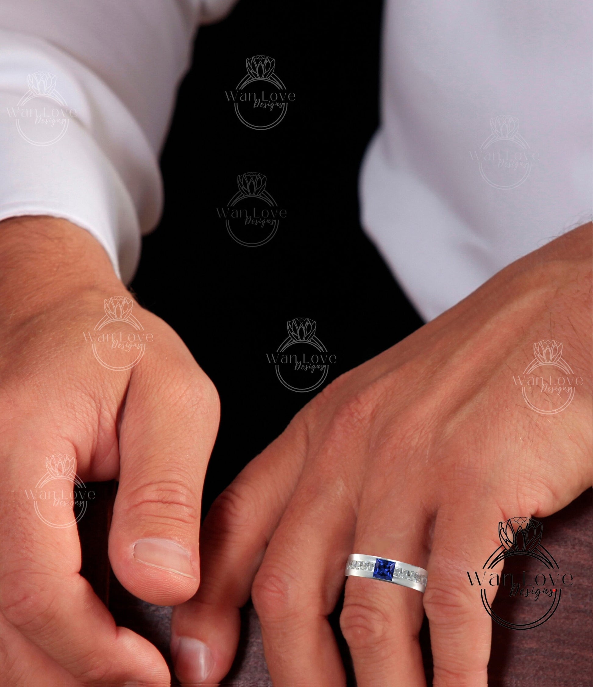 Men's Blue Sapphire Wedding Princess Cut Mens Wedding Band, Solid Gold 10/14k/18k Wedding Ring, Moissanite Wedding Ring, His Wedding Band Wan Love Designs