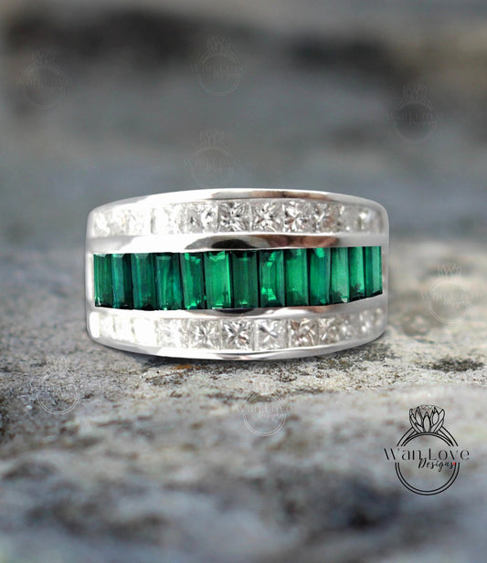 Men's Emerald Ring -Green Emerald Mens Ring - Emerald Wedding Band - His Emeralds Band - Unique Mens Band - 14k Gold Birthstone Mans Ring Wan Love Designs