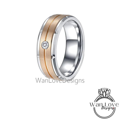 Mens Blue Sapphire Tungsten Band, Mens Silver Gold Wedding Ring, Mens Moissanite Diamond Wedding Ring, Tungsten Carbide Band,Engagement Ring Wan Love Designs