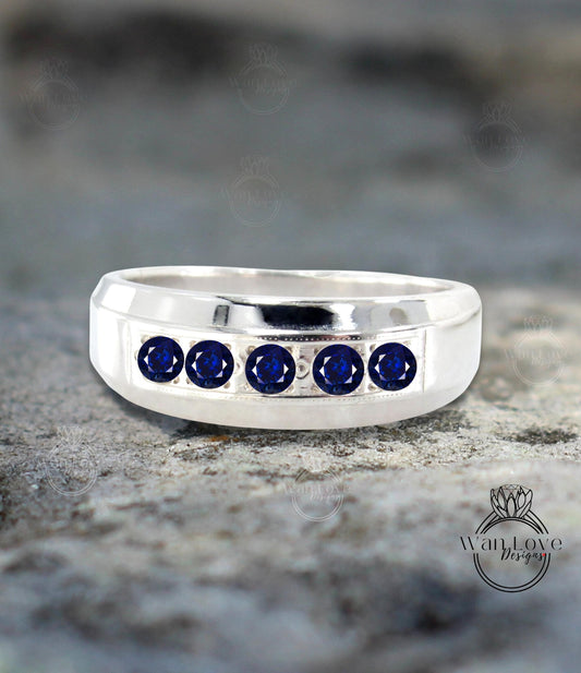 Mens Blue Sapphire Wedding Ring | White Gold Mens Wedding Band | Round Cut Diamond Band | 14k/18k Gold/Platinum Ring | His Birthstone Band Wan Love Designs