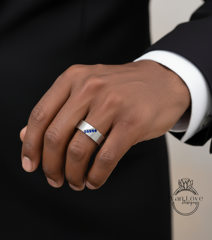 Diagonal Men's Sapphire Ring - Sapphire Ring Men - Diamonds Wedding Band - 5mm Band Moissanite - Unique Mens Band - 14k Gold - Ring For Men