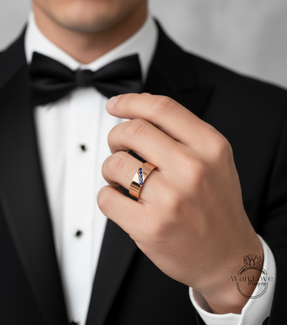 Diagonal Men's Sapphire Ring - Sapphire Ring Men - Diamonds Wedding Band - 5mm Band Moissanite - Unique Mens Band - 14k Gold - Ring For Men