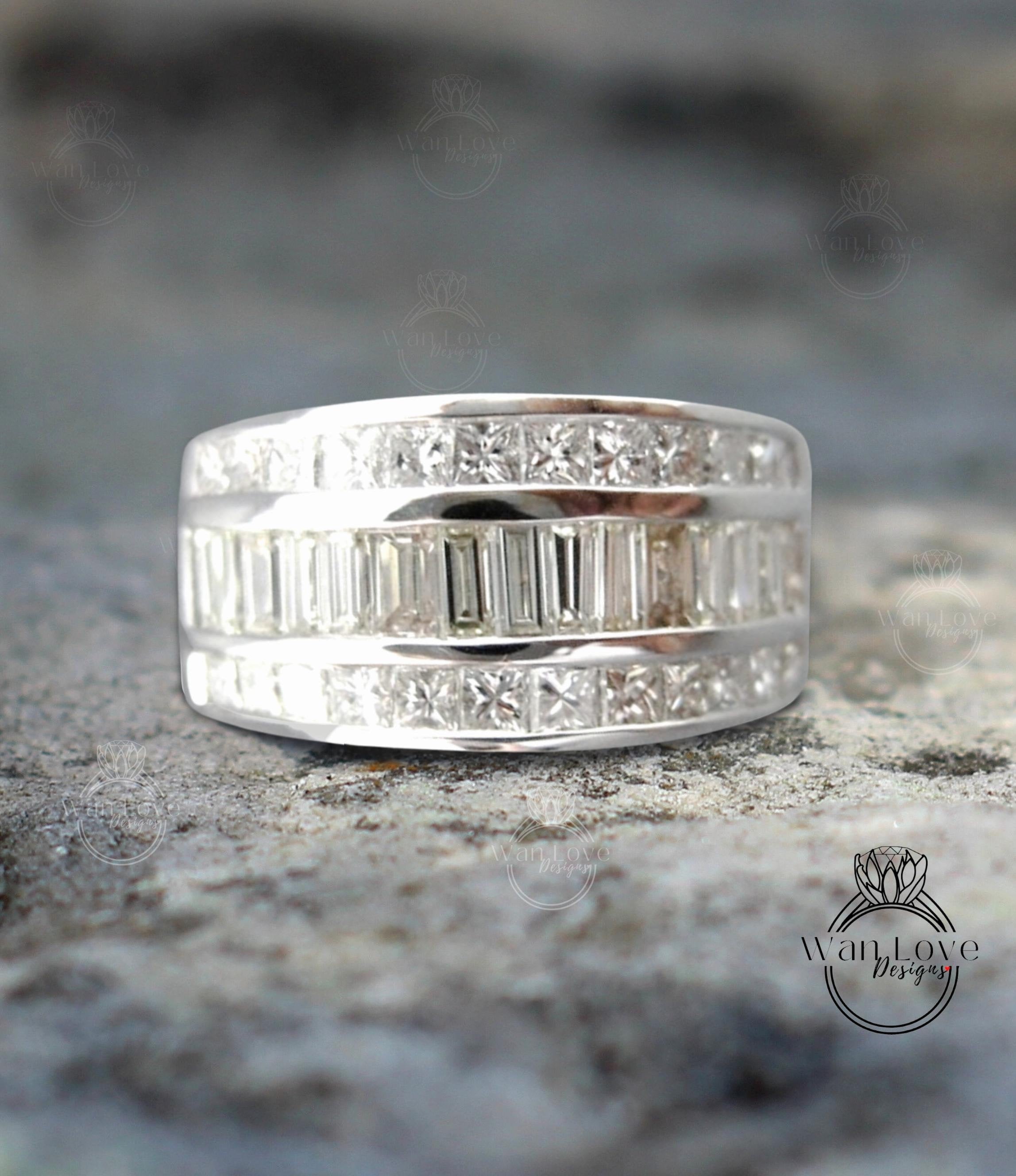 Mens Diamond Baguette Princess Cut Wedding Band, Solid Gold 10/14k/18k Wedding Ring, Mans Gold Wedding Ring, His Moissanite Wedding Band