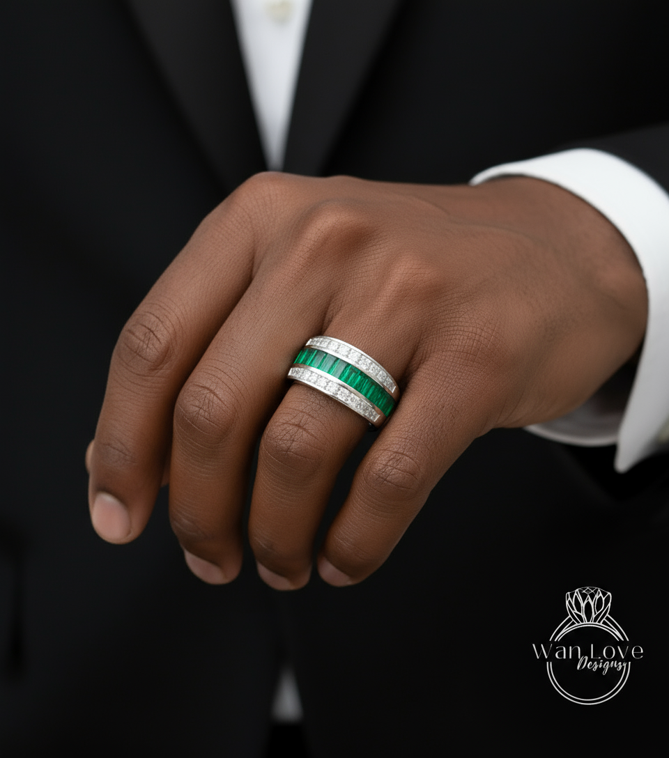 Men's Emerald Ring -Green Emerald Mens Ring - Emerald Wedding Band - His Emeralds Band - Unique Mens Band - 14k Gold Birthstone Mans Ring