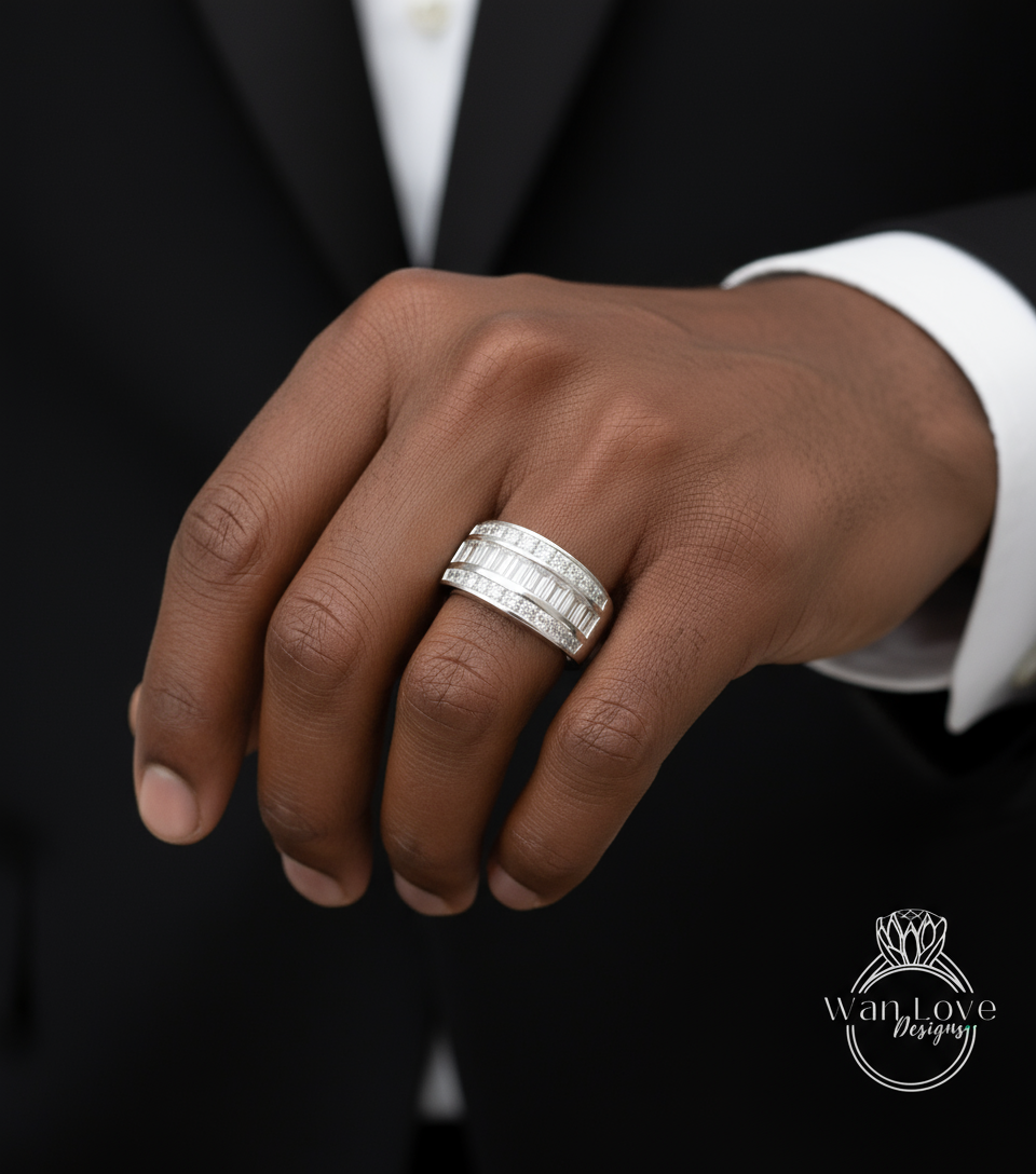 Mens Diamond Baguette Princess Cut Wedding Band, Solid Gold 10/14k/18k Wedding Ring, Mans Gold Wedding Ring, His Moissanite Wedding Band