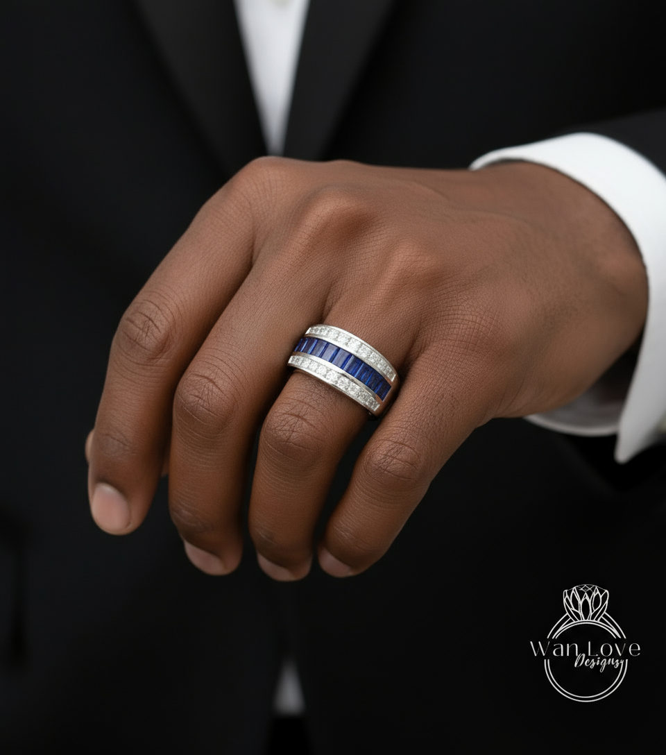 Blue Sapphire Moissanite Channel set Baguette Princess Wedding Band-Mens Ring-Custom-Engagement-Mans-Wedding-Anniversary Gift-Commitment