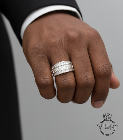 White gold Diamond men's Band vintage three row baguette princess cut wedding ring unique Birthstone ring anniversary ring solid gold band
