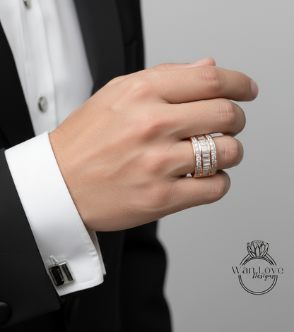 White gold Diamond men's Band vintage three row baguette princess cut wedding ring unique Birthstone ring anniversary ring solid gold band