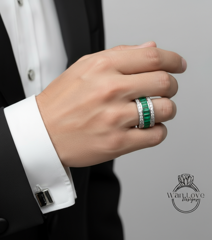 Men's Emerald Ring -Green Emerald Mens Ring - Emerald Wedding Band - His Emeralds Band - Unique Mens Band - 14k Gold Birthstone Mans Ring