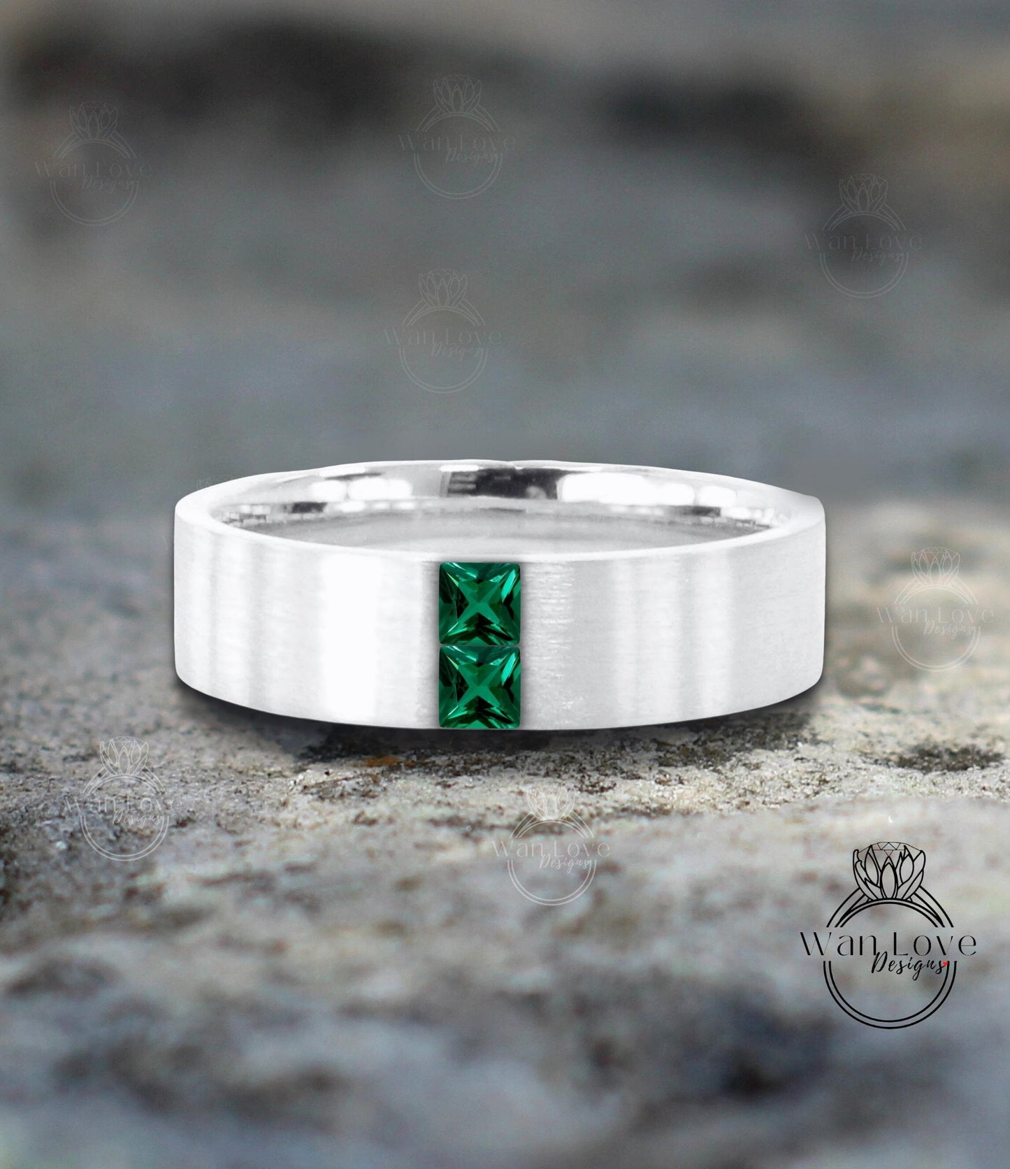 Mens Emerald Wedding Ring | Solid Rose Gold Mens Wedding Band | Princess Cut Diamond Band | Green Emerald Square Ring | His Birthstone Band Wan Love Designs