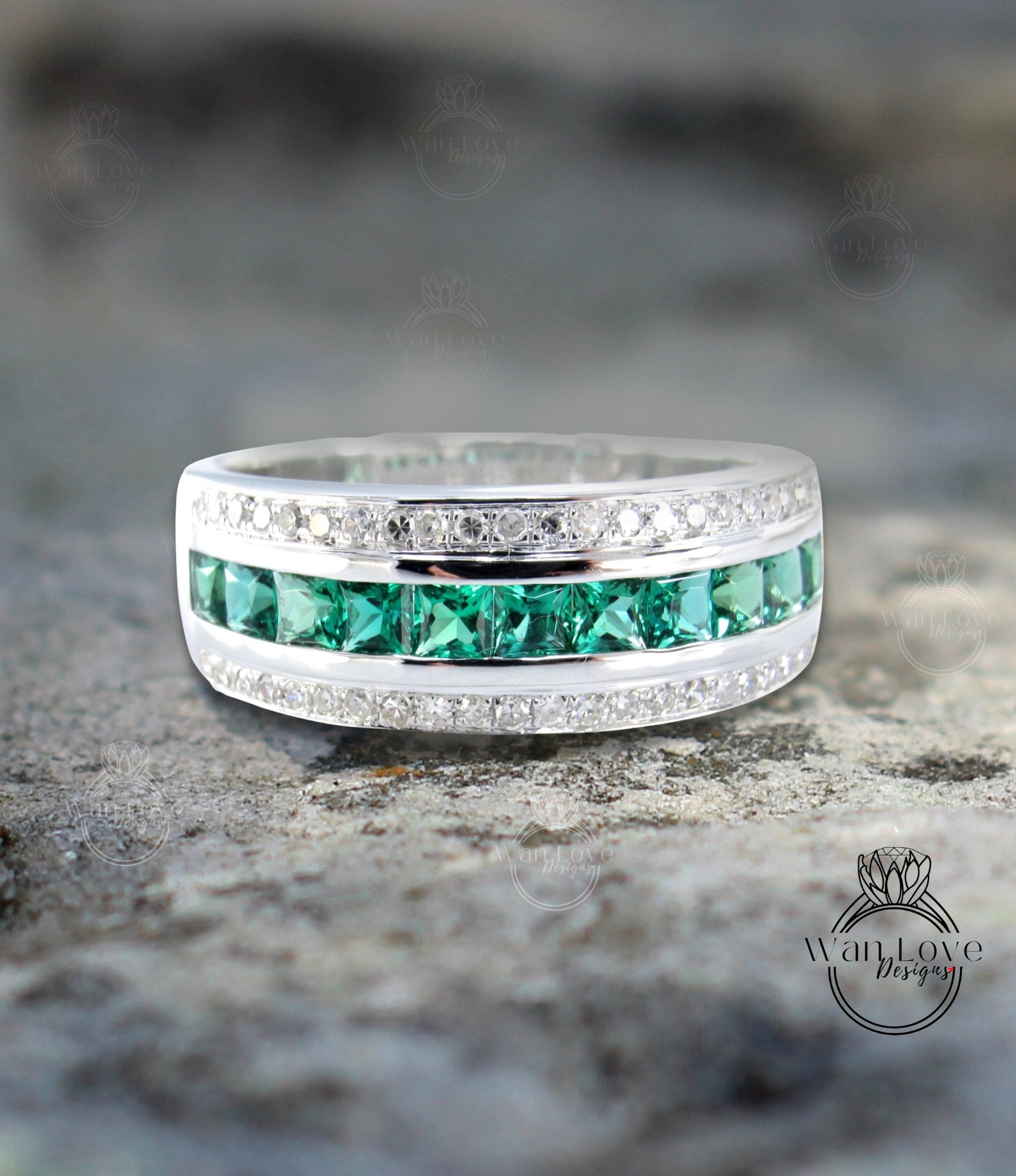 Mens emerald and on sale diamond wedding band