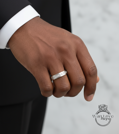 Mens Moissanite Diamond Wedding Band, Channel Princess cut Mens Wedding Band, Solid Gold Wedding Ring, His Wedding Band, Mens Promise Band