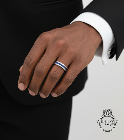 Blue Sapphire Channel set Wedding Band Mens Engagement Ring Mans Birthstone Ring 14kt 18kt White Rose Yellow Gold Platinum Anniversary Gift