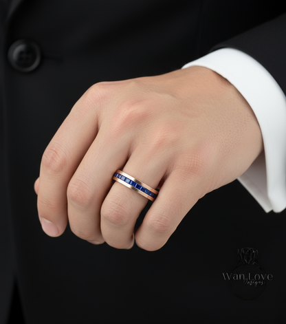 Blue Sapphire Channel set Wedding Band Mens Engagement Ring Mans Birthstone Ring 14kt 18kt White Rose Yellow Gold Platinum Anniversary Gift