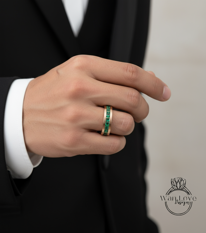 Green Emerald Ring | 14K Gold Emerald Wedding Band | Princess cut Emerald Mens Ring | Statement Ring | Mens Birthstone Ring | Gift for Him