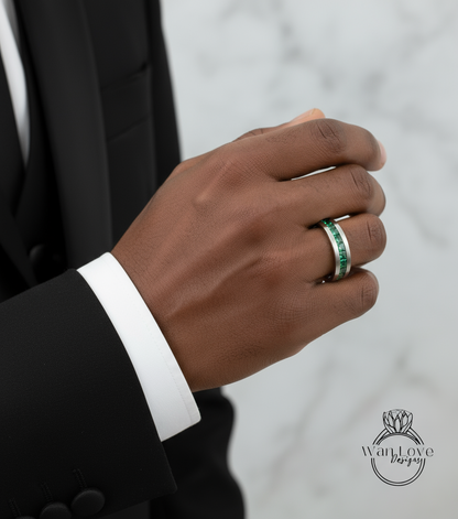 Green Emerald Ring | 14K Gold Emerald Wedding Band | Princess cut Emerald Mens Ring | Statement Ring | Mens Birthstone Ring | Gift for Him