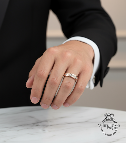 Mens Moissanite Diamond Wedding Band, Channel Princess cut Mens Wedding Band, Solid Gold Wedding Ring, His Wedding Band, Mens Promise Band