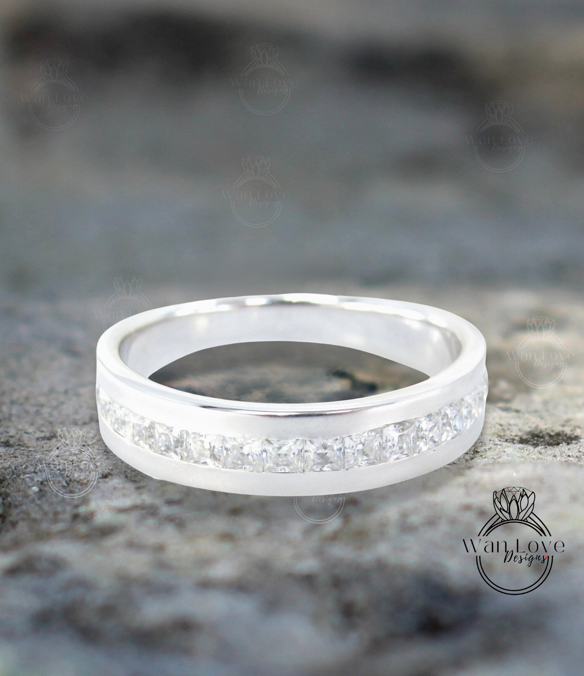 Mens Moissanite Diamond Wedding Band, Channel Princess cut Mens Wedding Band, Solid Gold Wedding Ring, His Wedding Band, Mens Promise Band