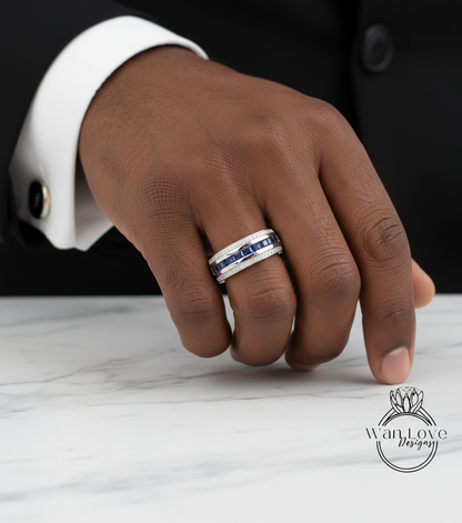 Princess cut Sapphire and Diamond Men's Ring in 14k White Gold | Sapphire Mens Ring | Mans Wedding Ring | Birthstone Ring Gifts For Him