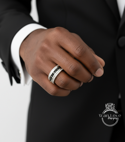 Princess cut Black Spinel and Diamond Men Ring in 14k White Gold | Black Moissanite Ring | Wedding Ring | Gifts For Him | Diamond Mens Rings