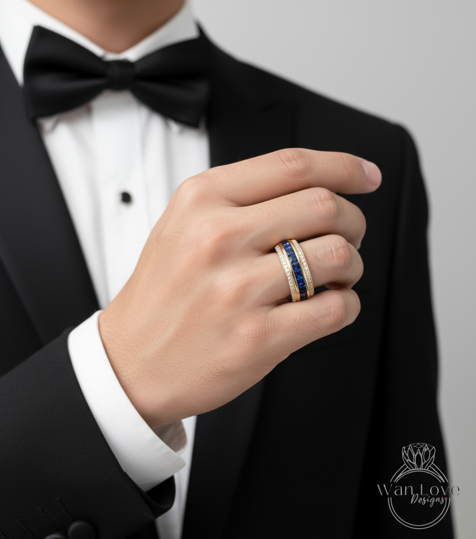 Princess cut Sapphire and Diamond Men's Ring in 14k White Gold | Sapphire Mens Ring | Mans Wedding Ring | Birthstone Ring Gifts For Him