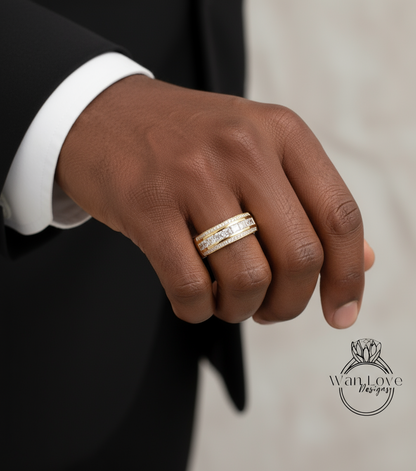 Mens Ruby Wedding Band, Princess Round Cut Red Ruby Mens Wedding Band, Solid Gold 10k/14k/18k Wedding Ring, His Birthstone Wedding Band