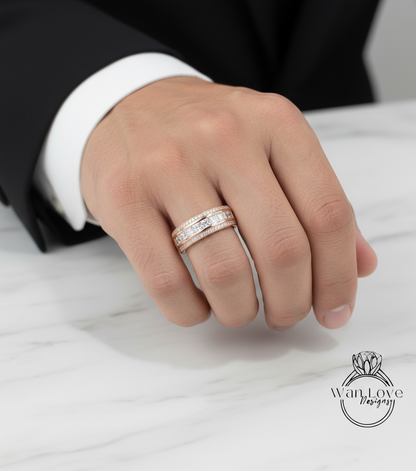 Mens Ruby Wedding Band, Princess Round Cut Red Ruby Mens Wedding Band, Solid Gold 10k/14k/18k Wedding Ring, His Birthstone Wedding Band