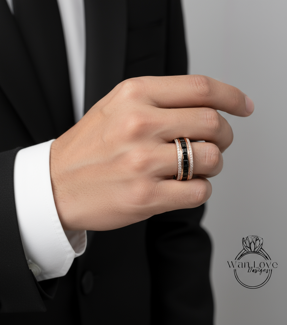 Princess cut Black Spinel and Diamond Men Ring in 14k White Gold | Black Moissanite Ring | Wedding Ring | Gifts For Him | Diamond Mens Rings