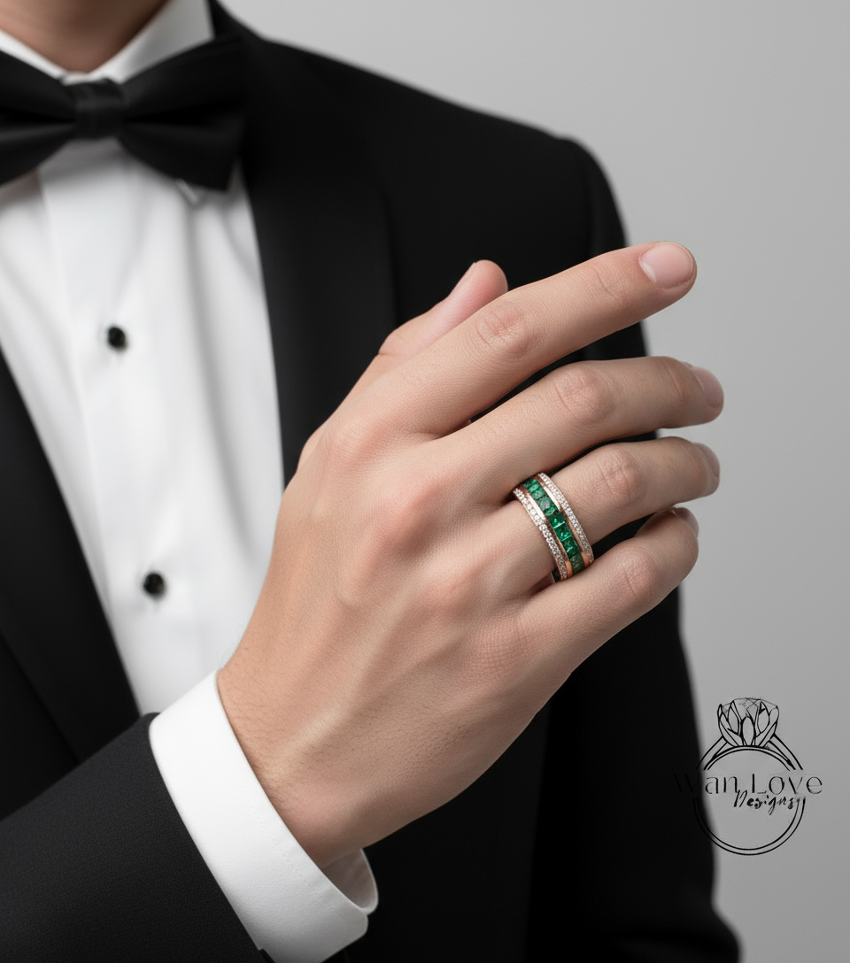 Mens Emerald and Diamond Wedding Band, Mans Princess Cut Moissanite Mens Wedding Band, Gold Wedding Ring, Mens Promise Band, Wedding Gift