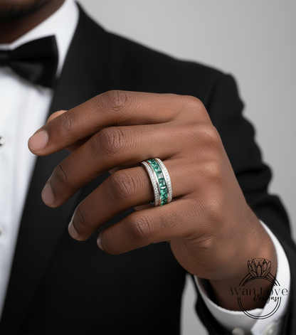 Mens Emerald and Diamond Wedding Band, Mans Princess Cut Moissanite Mens Wedding Band, Gold Wedding Ring, Mens Promise Band, Wedding Gift