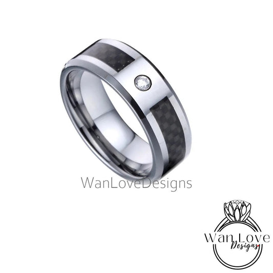 Mens Silver Black Carbon Fiber Wedding Band, Mens Moissanite Diamond Wedding Ring, Mens Sapphire Ring, Tungsten Carbide Band,Engagement Ring Wan Love Designs
