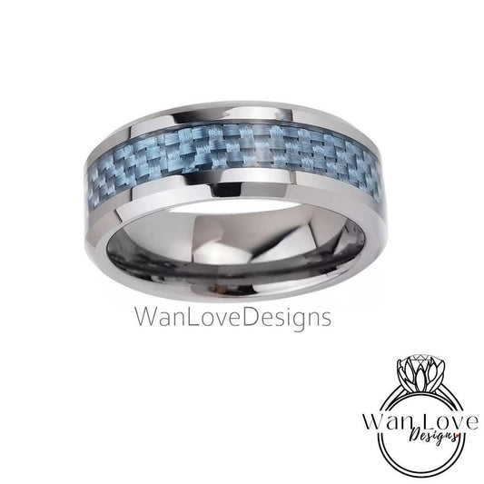 Mens Wedding Band Mens Silver Tungsten Wedding Ring, 8mm Blue Carbon Fiber Band, Mens Engagement Ring, Male Promise Ring, Modern Blue Ring Wan Love Designs