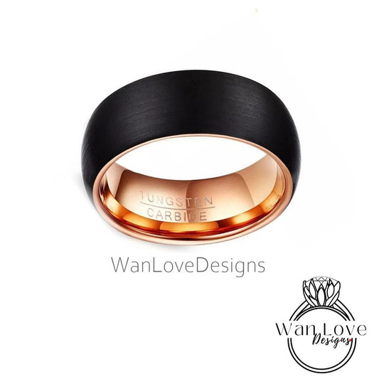 Mens Wedding Band, Rose Gold Tungsten Ring, Brushed Black Mens Ring, Male Wedding Ring, Mens Promise Ring, Personalized Ring, 8MM Wide Wan Love Designs