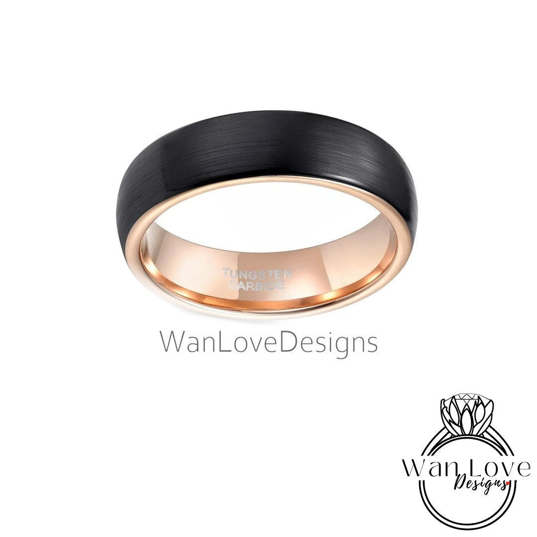 Mens Wedding Band, Rose Gold Tungsten Ring, Brushed Black Mens Ring, Male Wedding Ring, Mens Promise Ring, Personalized Ring, 8MM Wide Wan Love Designs