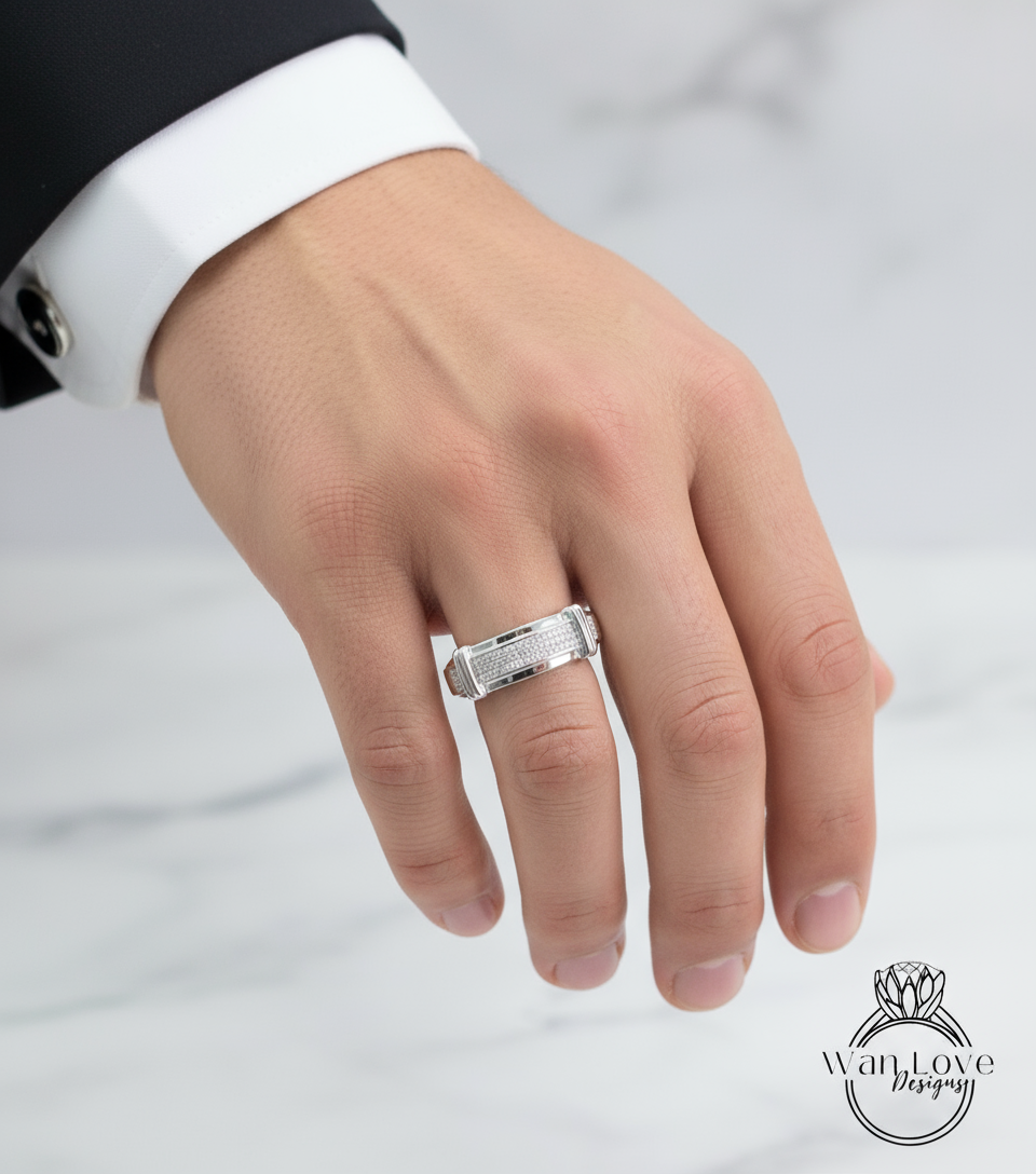 Fede nuziale da uomo con diamanti bianchi a 3 file, anello di fidanzamento con diamanti, regalo di anniversario per lui, promessa di impegno, pronto per la spedizione