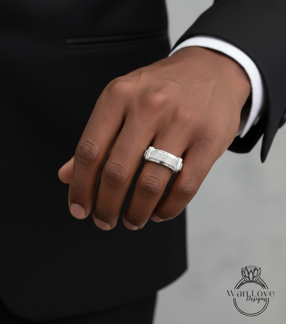 Fede nuziale da uomo con diamanti bianchi a 3 file, anello di fidanzamento con diamanti, regalo di anniversario per lui, promessa di impegno, pronto per la spedizione