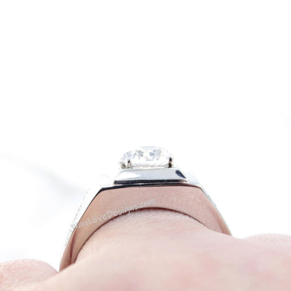 Mens White Sapphire & Diamond Wedding Ring-Round-Diagonal Bands-1.5ct-7mm-Silver Rhodium-Size 9.5-Anniversary Goft-Engagement-Ready to ship Wan Love Designs