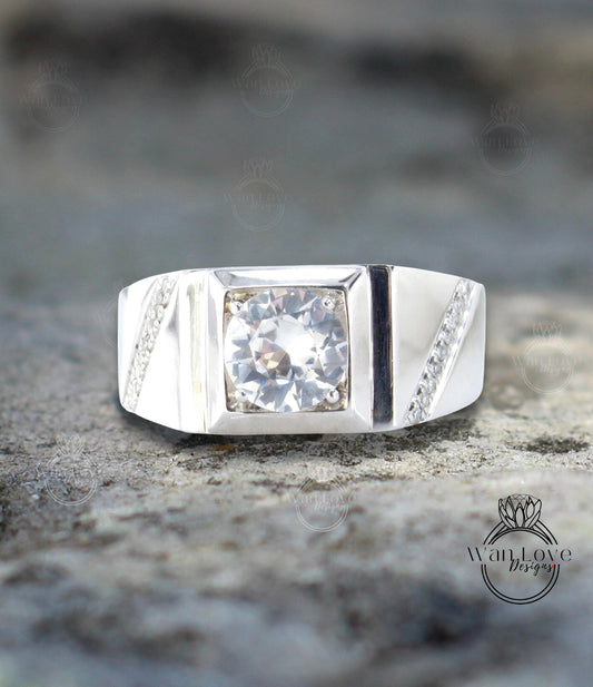 Mens White Sapphire & Diamond Wedding Ring-Round-Diagonal Bands-1.5ct-7mm-Silver Rhodium-Size 9.5-Anniversary Goft-Engagement-Ready to ship Wan Love Designs